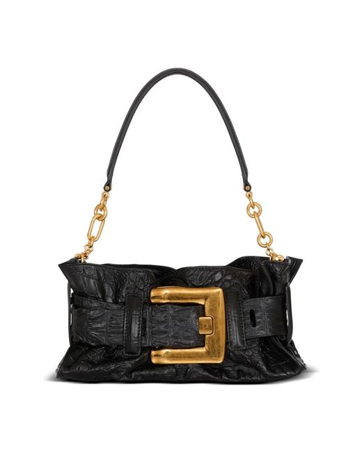 Balmain Black Mini-Tasche Anthem Aus Leder Mit Kroko-Prägung