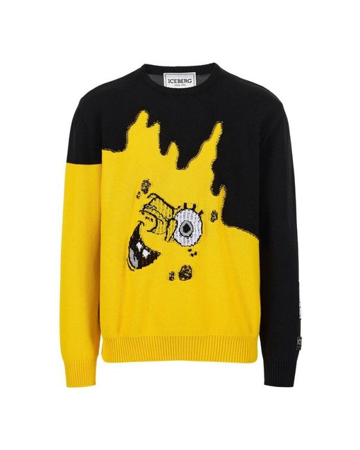 Iceberg Baumwoll-Crewneck-Pullover Mit Muster Und Spongebob-Inlay in Yellow für Herren