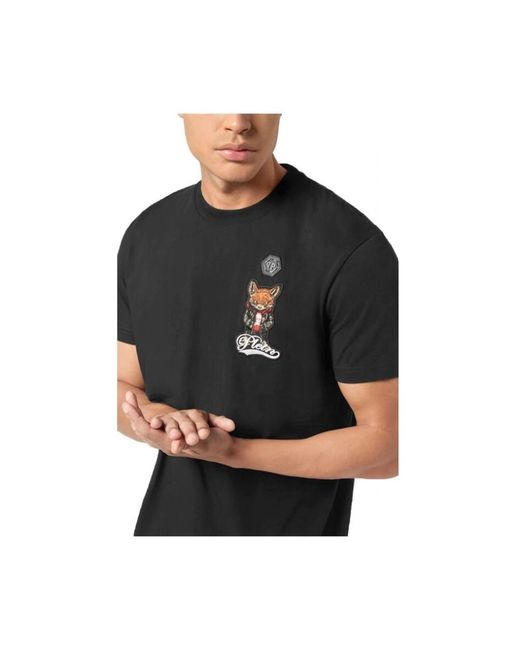 Philipp Plein Tops ,Zwart ,Katoen Round Neck T-Shirt Plein Fox in het Black voor heren
