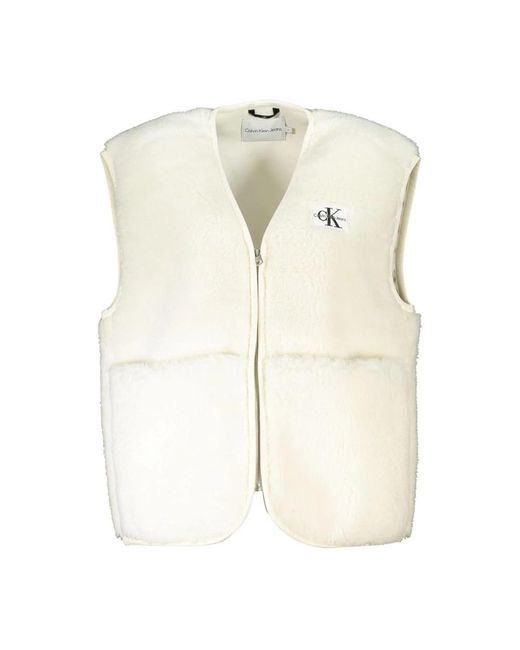 Calvin Klein Jassen ,Wit ,Polyester Mouwloze Polyester Jas Met Logo Applicatie in het Natural