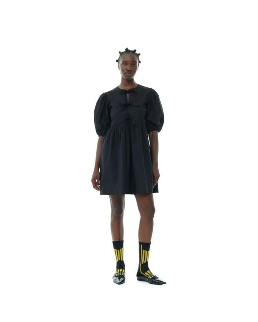Ganni Black Schwarzes baumwoll-popeline minikleid mit bindebändern