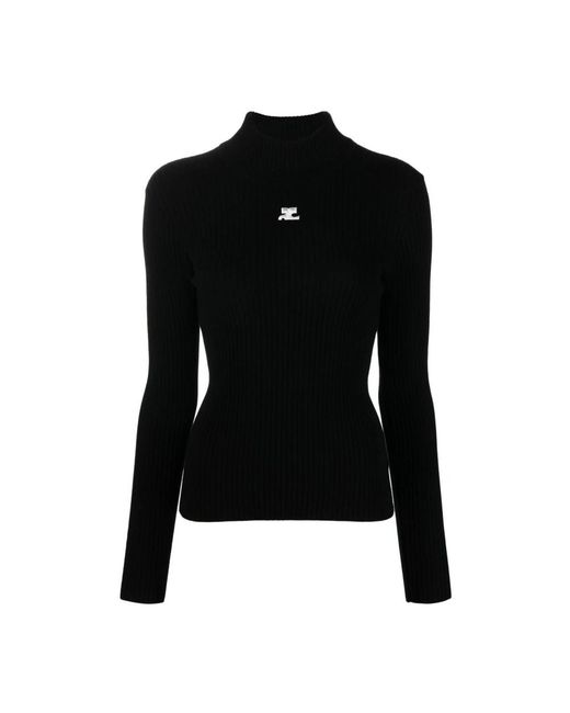 Courreges Truien & Vesten ,Zwart ,Leer Gebreide Trui Met Mock Hals in het Black
