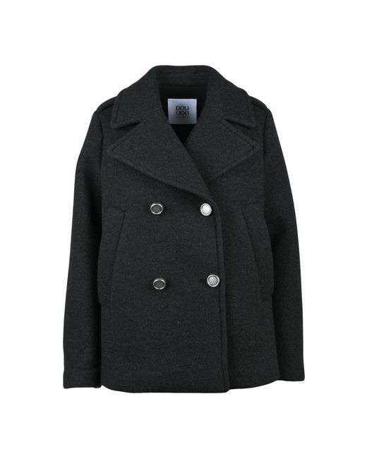 Douuod Woman Black Double-Breasted Coats