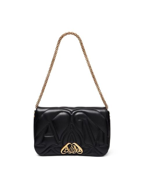 Alexander McQueen Black Gepolsterte schwarze schultertasche mit goldfarbenem logo