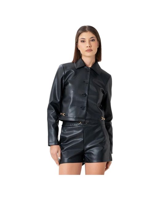 Kocca Jassen ,Zwart ,Leer Kort Leren Look Jasje Met Kraag in het Black