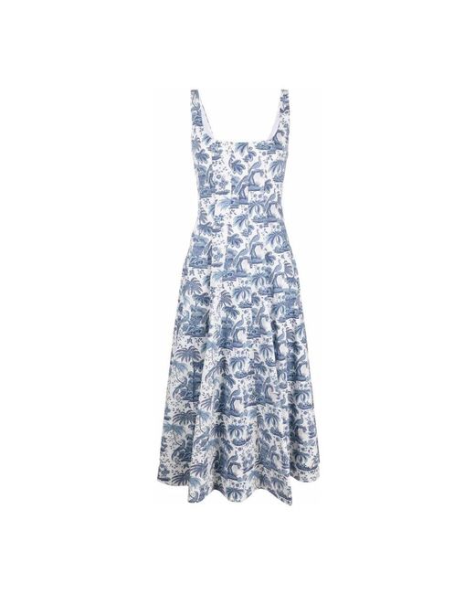 Staud Blue Botanisches muster quadratischer ausschnitt kleid