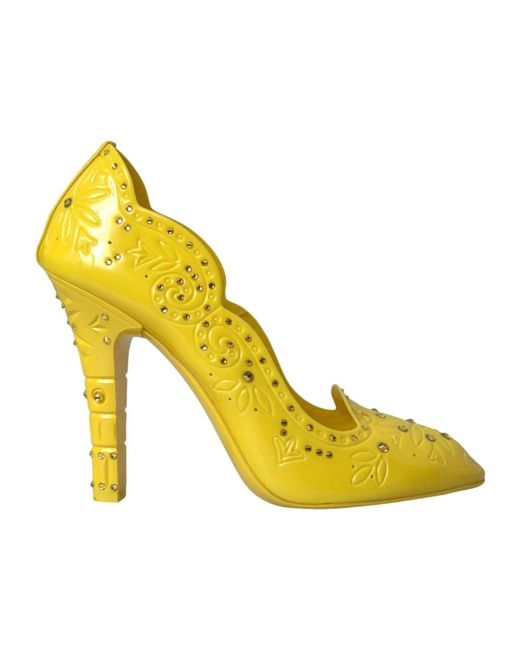 Dolce & Gabbana Bloemen Hakken Gele Leren Punktschoenen in het Yellow