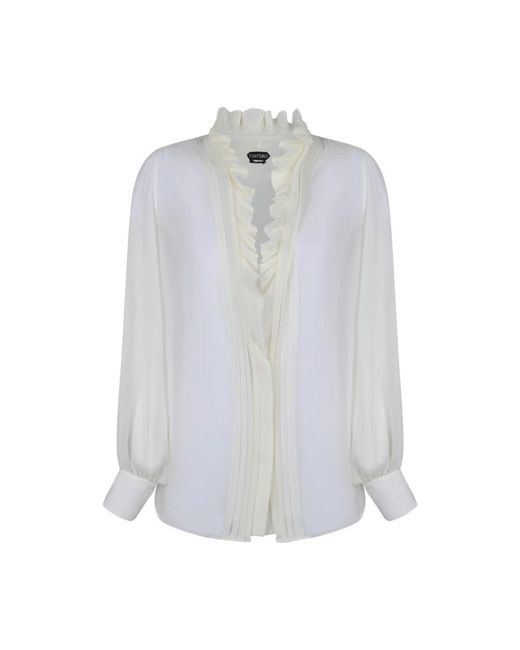 Tom Ford Overhemden ,Wit ,Witte Zijden Blouse Met Ruches in het White