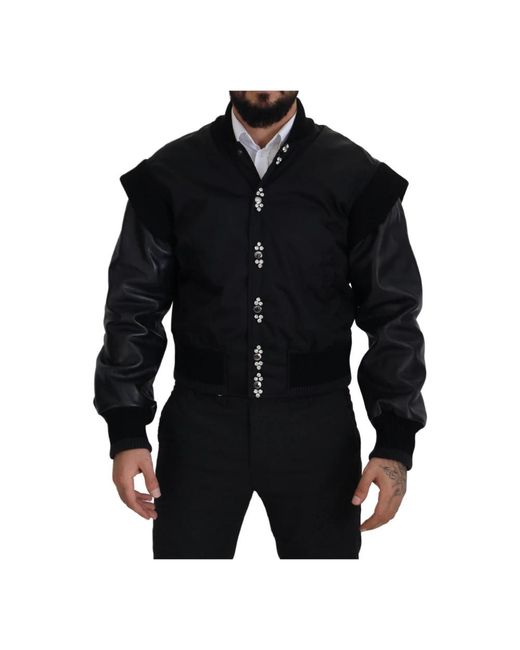 Dolce & Gabbana Jassen ,Zwart ,Nylon Zwarte Nylon Bomberjack Met Kristalversiering in het Black voor heren