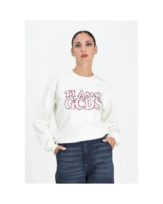 Gcds Witte Crewneck Sweater Met Vet Print in het White