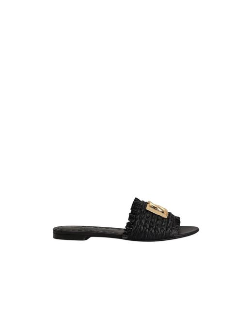 Dolce & Gabbana Black Dg Logo Rafia Flat Sandals