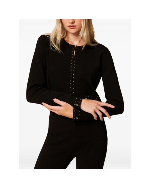 Twinset Jassen ,Zwart ,Zwarte Gebreide Jas Met Oogjesversiering in het Black