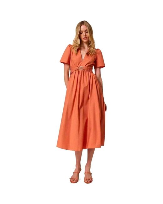Twinset Oranges Midi-Kleid Mit V-Ausschnitt