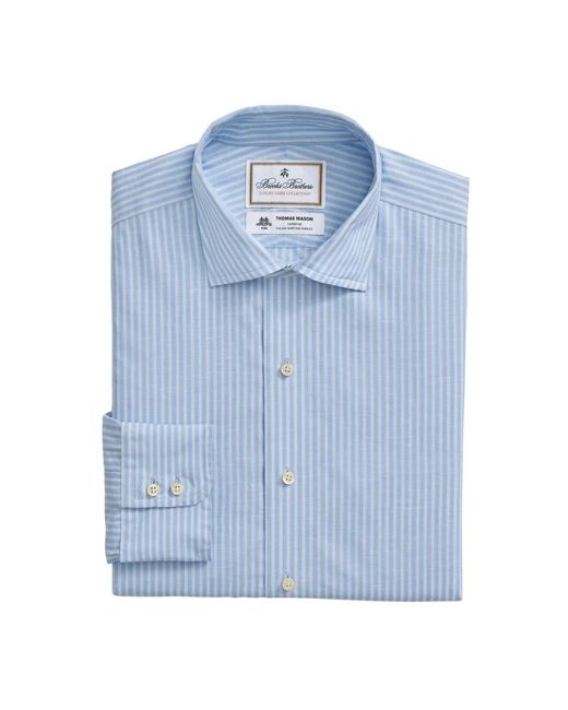 Camicia a righe blu chiaro regular fit in cotone e lino con colletto inglese di Brooks Brothers in Blue da Uomo