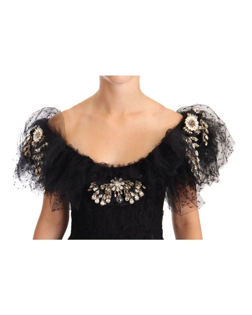 Dolce & Gabbana Black Schwarzes Ballkleid-Kleid mit Blumenspitze und Kristallen