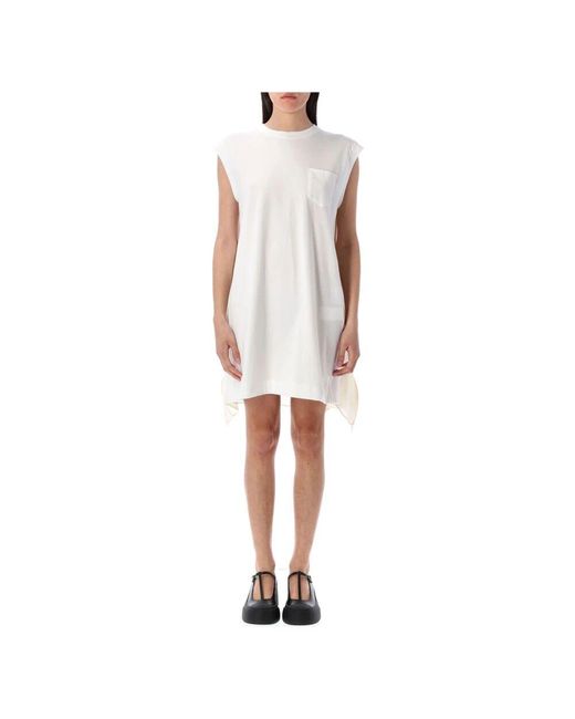 Sacai White Weißes Panel-Minikleid Mit Cap-Ärmeln