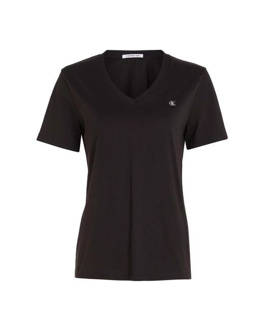 Camiseta negra con insignia bordada cuello en v Calvin Klein de color Black