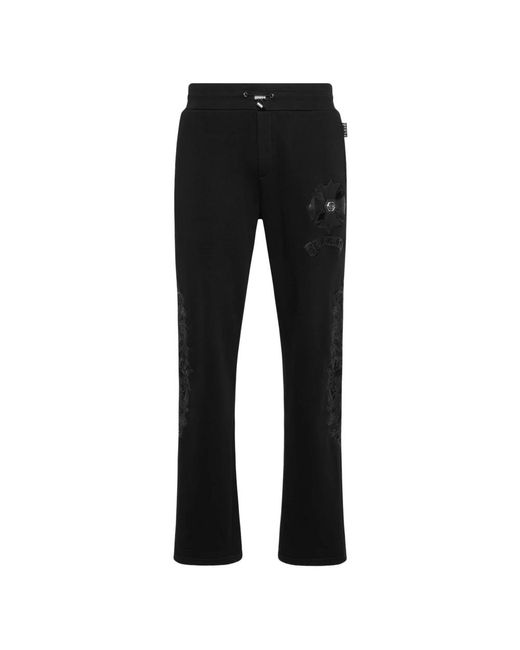 Philipp Plein Broeken ,Zwart ,Katoen Joggingbroek Met Leren Inzetstukken Chrome Crest in het Black voor heren
