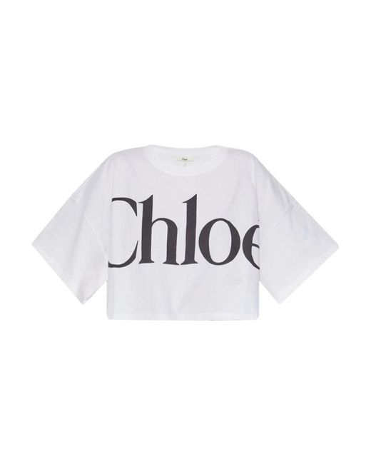 Chloé Tops ,Wit ,Katoen Cropped Boxy Logo T-Shirt in het White