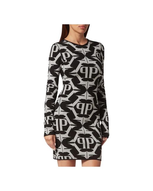 Philipp Plein Kleedjes ,Zwart ,Leer Viscose & Lurex Mini Jurk Hexagon in het Black