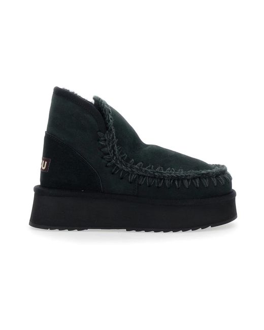 Mou Black Schwarze lammfell-winterstiefel, runde zehenkappe