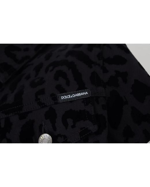 Dolce & Gabbana Black Schwarze leopard denim jacke