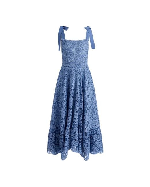 Alice + Olivia Blue Floral Lace Ankle-Length Dress With Corset Bodice And Ribbon Straps