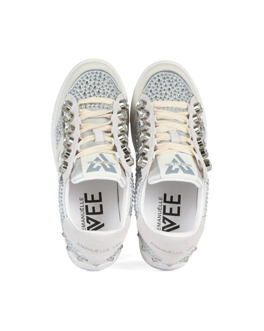 Emanuélle Vee White Sneaker aus leder und stoff mit strass