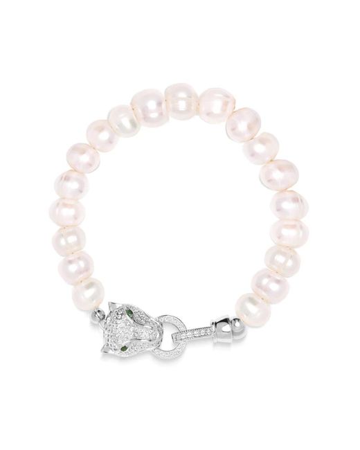Nialaya White Pearl bracelet with silver panther head