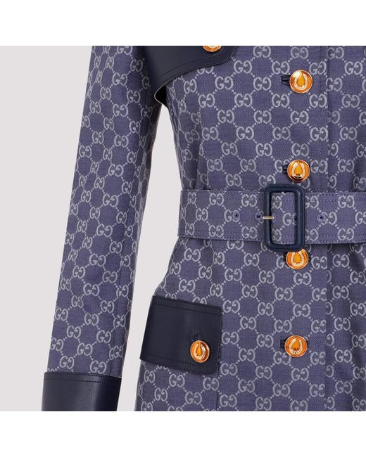 Gucci Blue Mantel Aus Canvas Aus Einer Baumwollmischung Mit Jacquard-muster Und Lederbesätzen