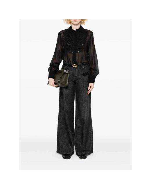 Ermanno Scervino Black Schwarze Paillettenapplikation Langarmbluse