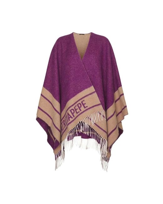 Patrizia Pepe Jassen ,Paars ,Wol Paarse Poncho Met Franje En Logo Jacquard in het Purple