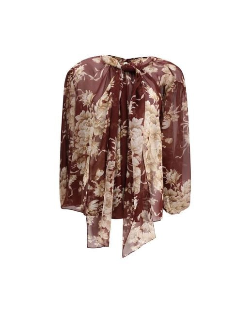 Dolce & Gabbana Brown Seidenchiffon-Blumenshirt Mit Schal