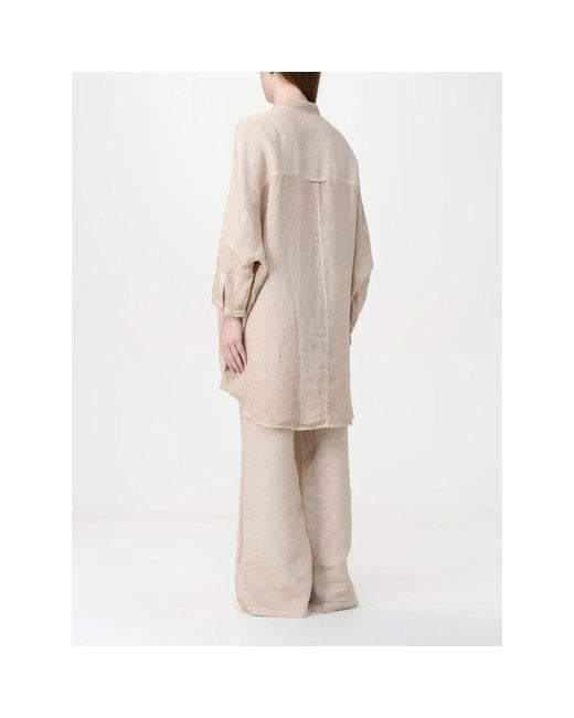 120% Lino Linnen Shirt Wijde Pijp Broek Set in het Natural