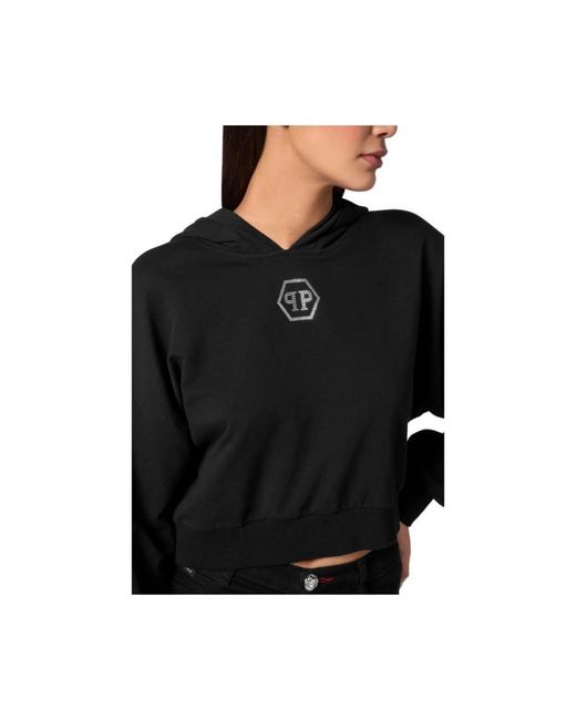 Philipp Plein Hoodies & Sweatvesten ,Zwart ,Katoen Cropped Crystal Hexagon Logo Hoodie in het Black