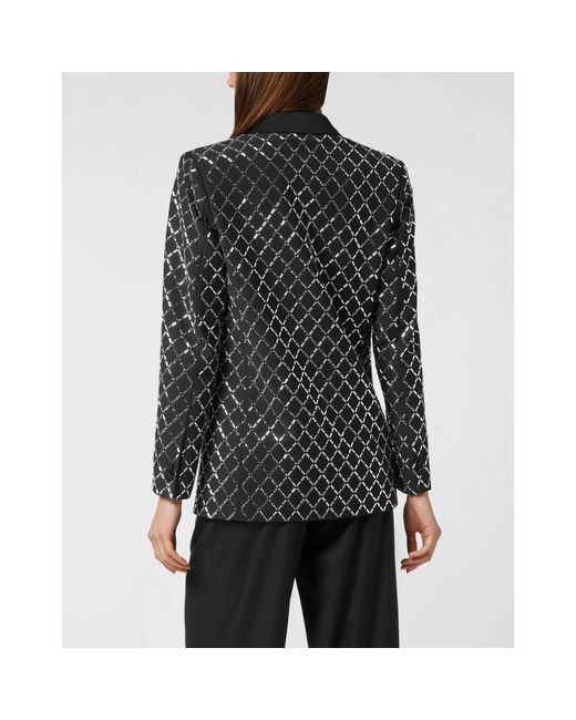Philipp Plein Jassen ,Zwart ,Wol Wool And Satin Boyfriend Fit Blazer Crystal Rhombus in het Black