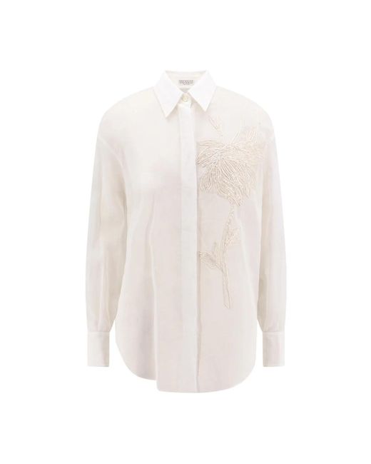 Brunello Cucinelli White Weiße hemd mit spitzkragen made in italy