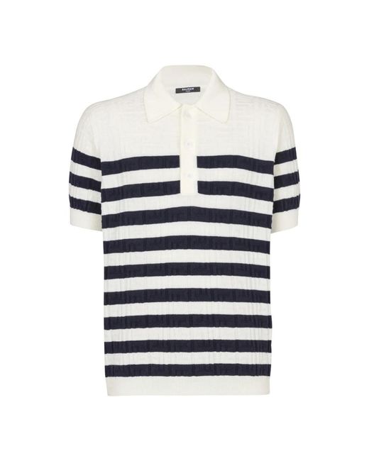 Balmain Tops ,Wit ,Gestreept Gebreid Poloshirt Met Monogram in het Blue voor heren
