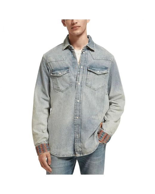 Scotch & Soda Gray Denim Shirt With Embroidered Cuffs for men