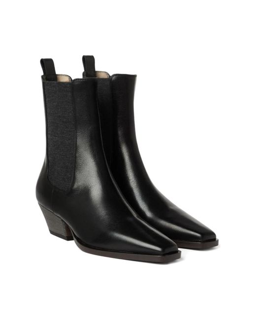 Brunello Cucinelli Black Schwarze Kubanische Stiefeletten Mit Elastischen Einsätzen