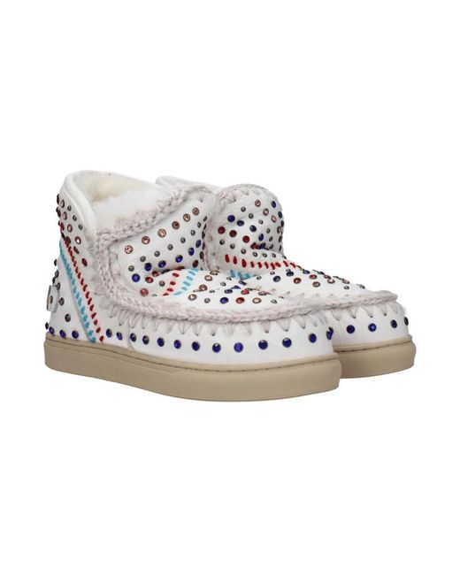 Mou White Nieten Leder Stiefeletten Mit Steinen