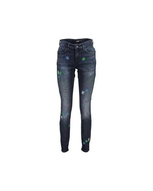 Desigual Skinny Jeans Met Bloemenborduursel in het Blue