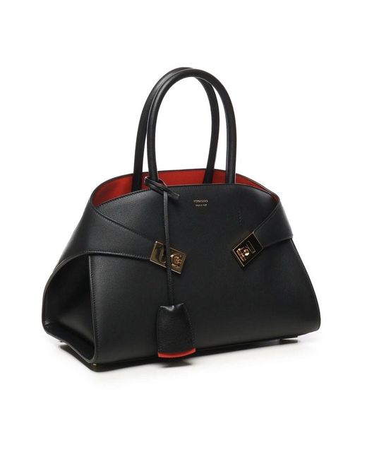 Ferragamo Black Schwarze Lederhandtasche Mit Gancini-Schnallen
