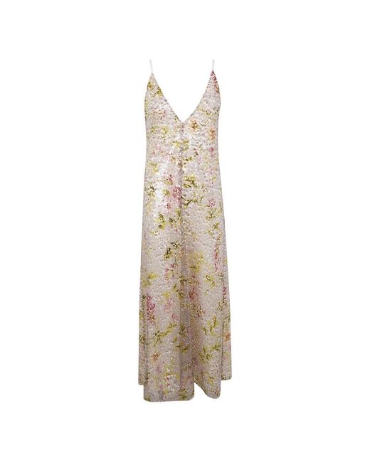 Alberta Ferretti Kleedjes ,Polyester Maxi-Jurk Met Bloemenprint in het Natural