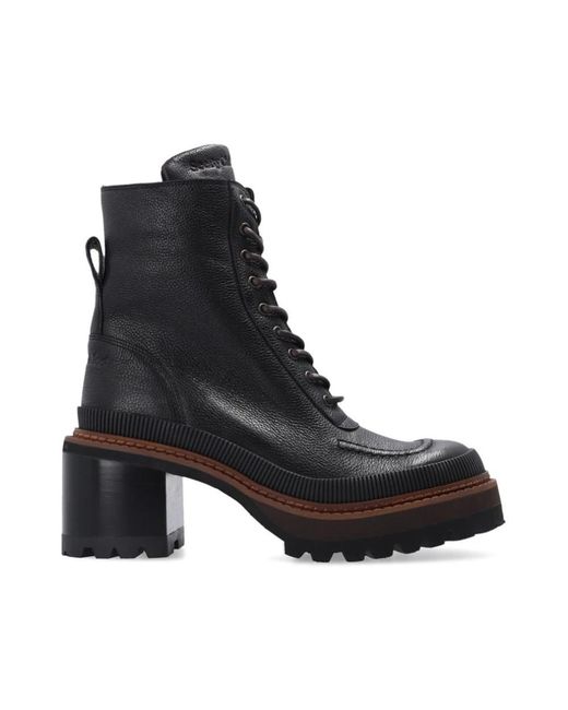 See By Chloé Black Mahalia Leather Lace-Up Boots
