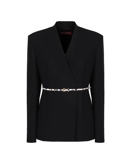 Max Mara Jassen ,Zwart ,Leer Single-Breasted Blazer Met Riem in het Black