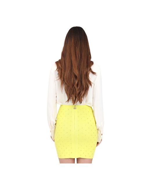 Elisabetta Franchi Yellow Gelber high waist mini rock mit strass-buchstaben,gelber minirock mit strass-buchstaben