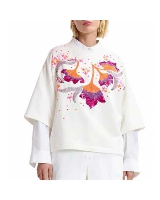 Essentiel Antwerp Bloemen Paillet Korte Mouw Sweatshirt in het White