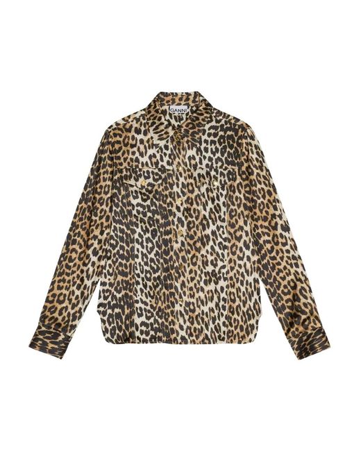 Ganni Overhemden ,Bruin ,Satijn Satijnen Luipaardprint Blouse in het Gray