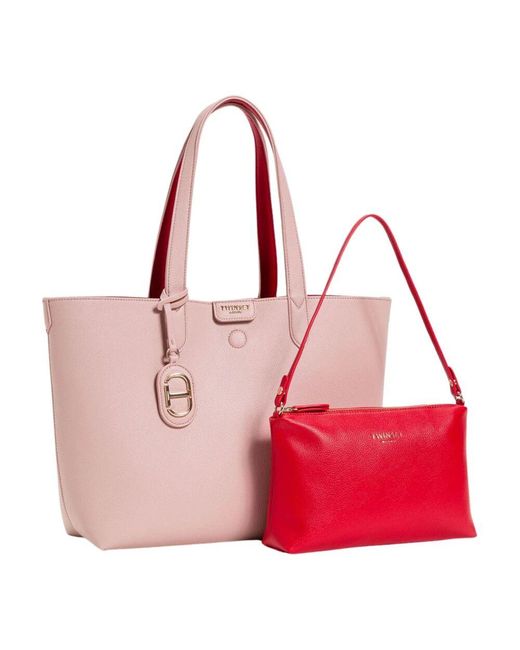 Twinset Pink Wendbare leder shopper tasche mit anhänger